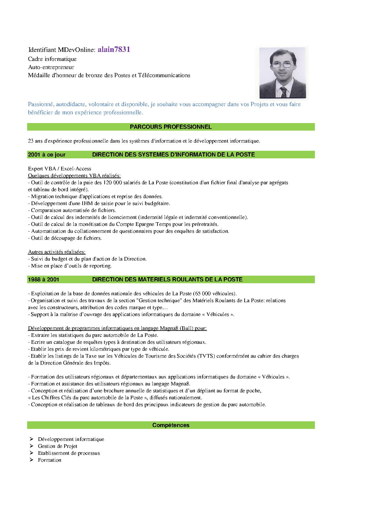 type cv professionnel