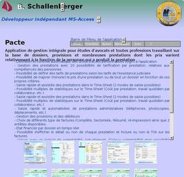 Cette application, développée avec quelques avocats, répond à tous les besoins de gestion d'un bureau, étude, travaillant sur la base de dossiers.

Quelques informations:

Le suivi des dossiers, émissions de factures et provisions est totalement paramétrable par l'utilisateur.

Un "time-sheet" est également à disposition pour la saisie des prestations des divers intervenants.

Vous disposez de 20 possibilité de prix par prestation (en relation avec la position du prestataire), le mode "assistance juridique" est automatique.

Toutes statistiques sont disponibles ou simples à créer sur simple demande.

