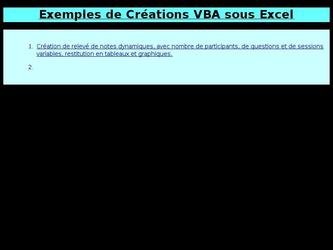 Site regroupant quelques exemples de ralisations de projets VBA (Excel, Access, Outlook) en vidos.